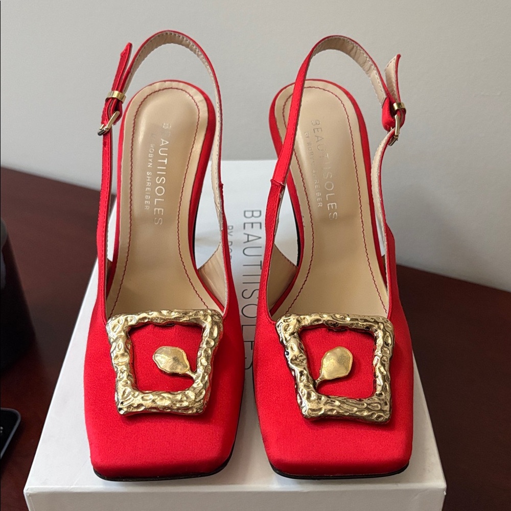 BEAUTIISOLES Melody silk satin red embellished buckle stiletto slingback sz.6